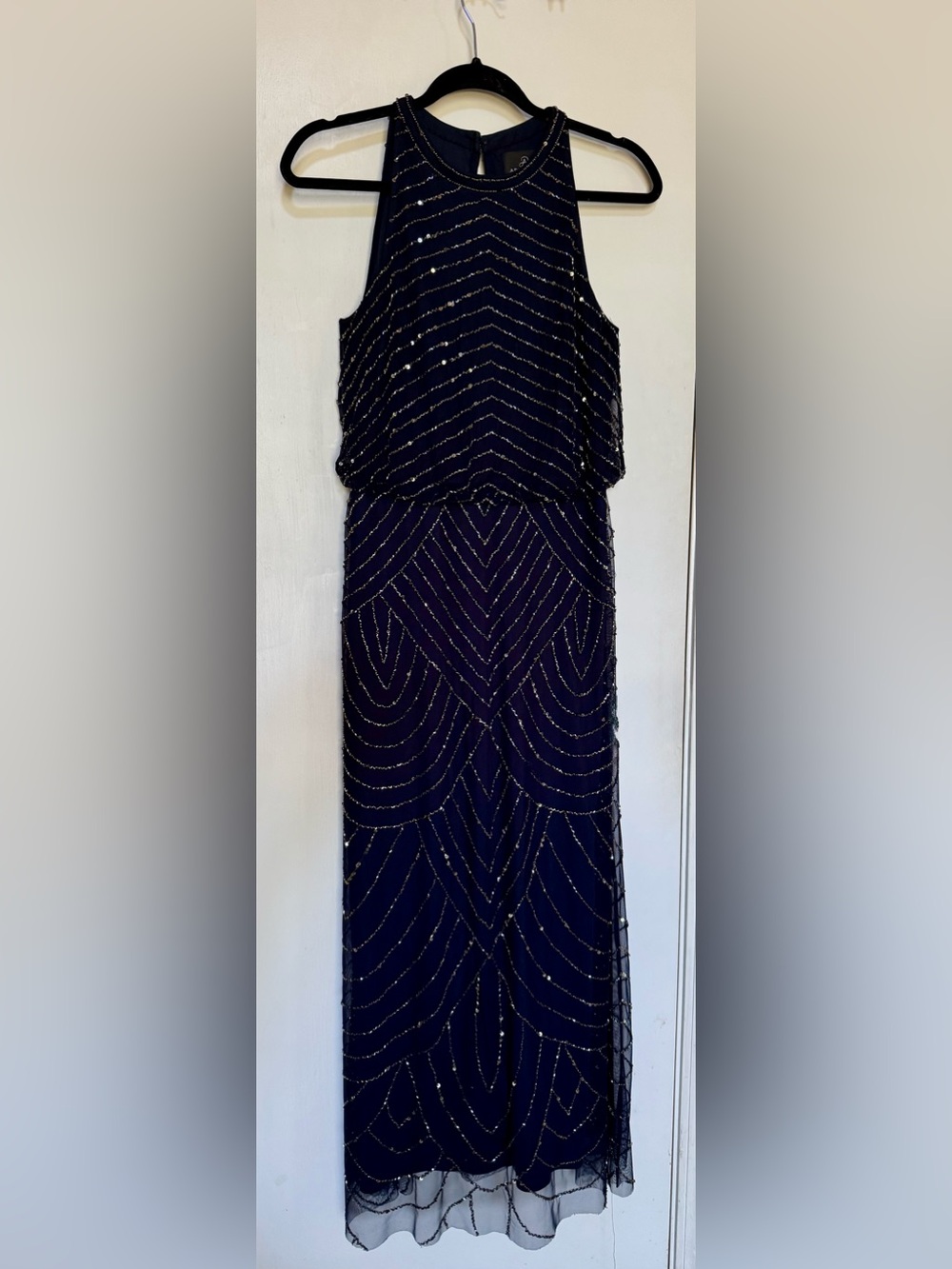 Adrianna Papell Navy Beaded Halter Maxi Dress - Picture 2 of 9